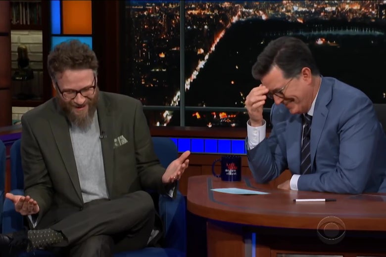 Seth Rogen talking to Stephen Colbert on The Late Show.